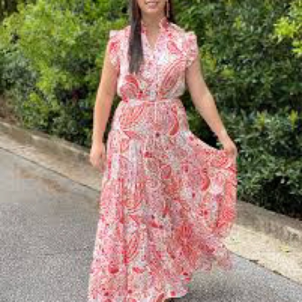 Pinch Paisley Tiered Maxi Dress Ruffle Sleeve Tie Waist  Size Large